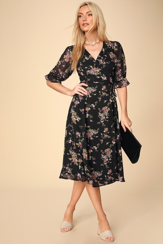 Cute Black Midi Dress - Wrap Midi Dress - Moody Floral Midi Dress - Lulus