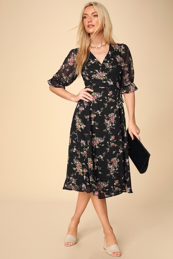 Black floral midi sales dress with sleeves
