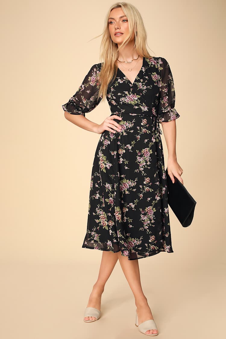knee length dresses for ladies Black Floral Sleeveless Maternity Midi Wrap Dress main image 0