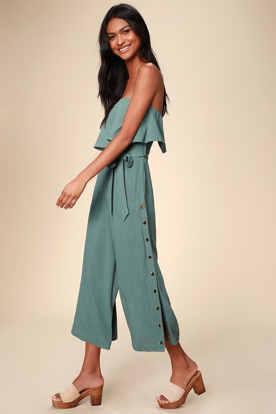 Sage Green Jumpsuit - Strapless Jumpsuit - Side-Button Jumpsuit - Lulus