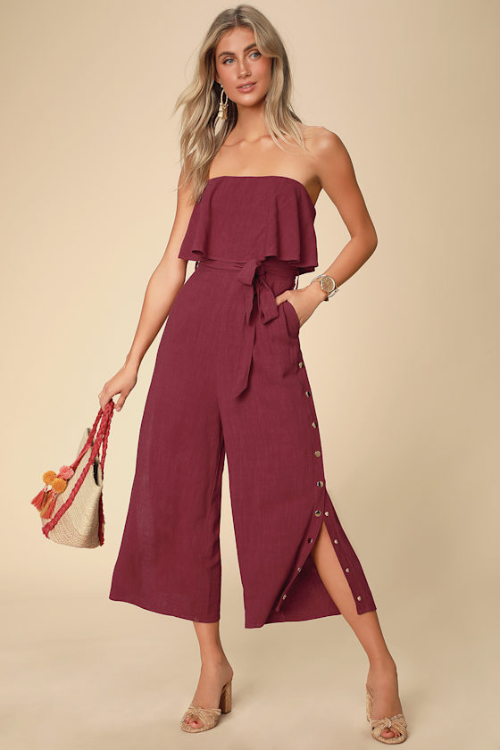 Lanah Burgundy Strapless Jumpsuit 2