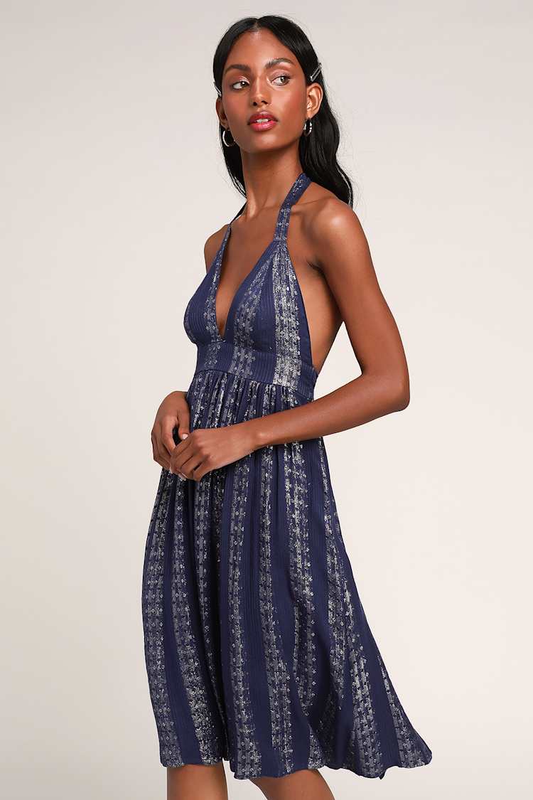 Lovely Navy Blue Dress - Metallic Halter Dress - Midi Dress - Lulus