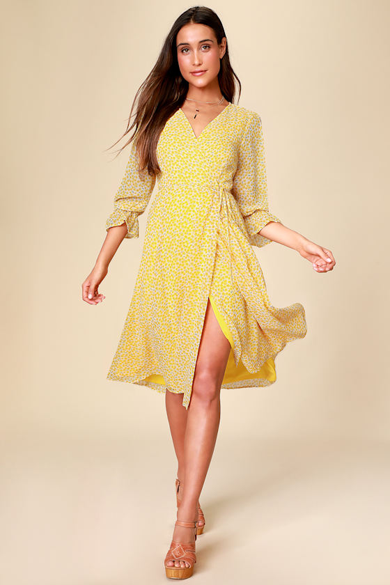 Cute Yellow Midi Dress - Wrap Midi Dress - Floral Midi Dress - Lulus
