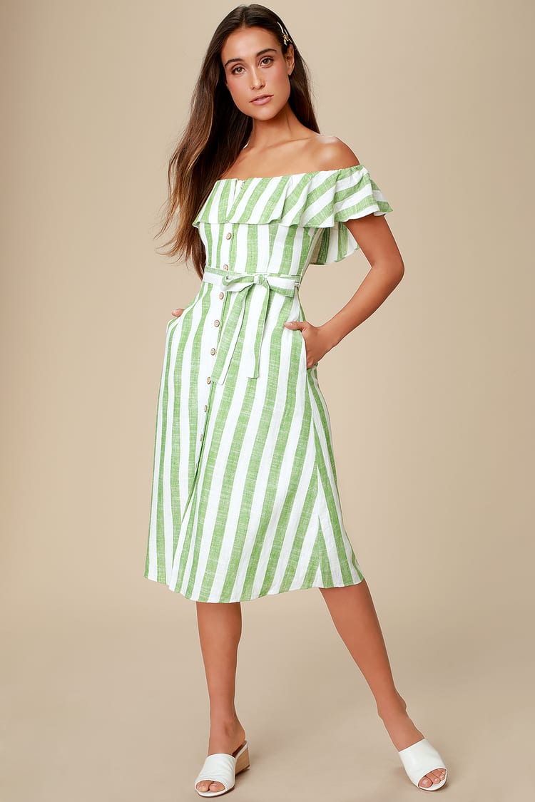 Cute Linen Dress - Off-the-Shoulder Dress - Green Striped Dress - Lulus