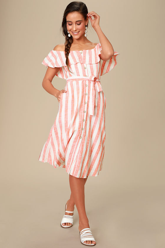 Sunny Days Orange Striped Off-the-Shoulder Midi Dress 1