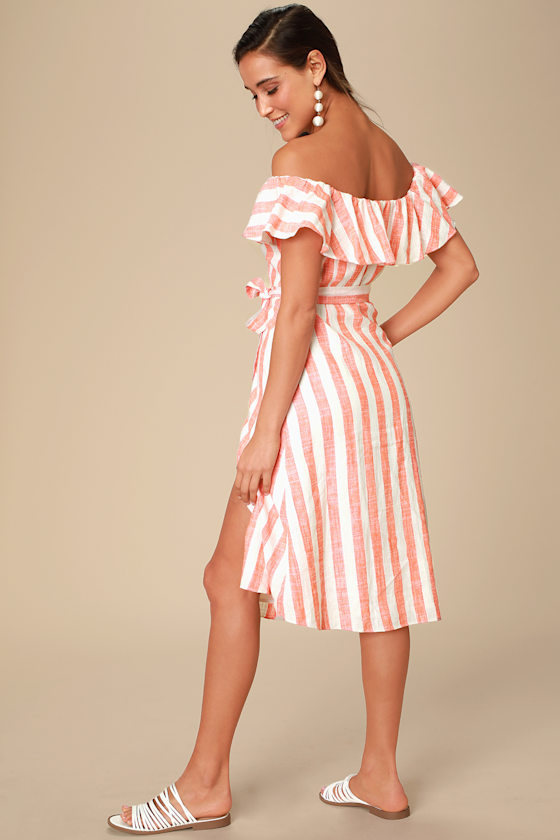 Cute Linen Dress OfftheShoulder Dress Orange Striped Dress Lulus