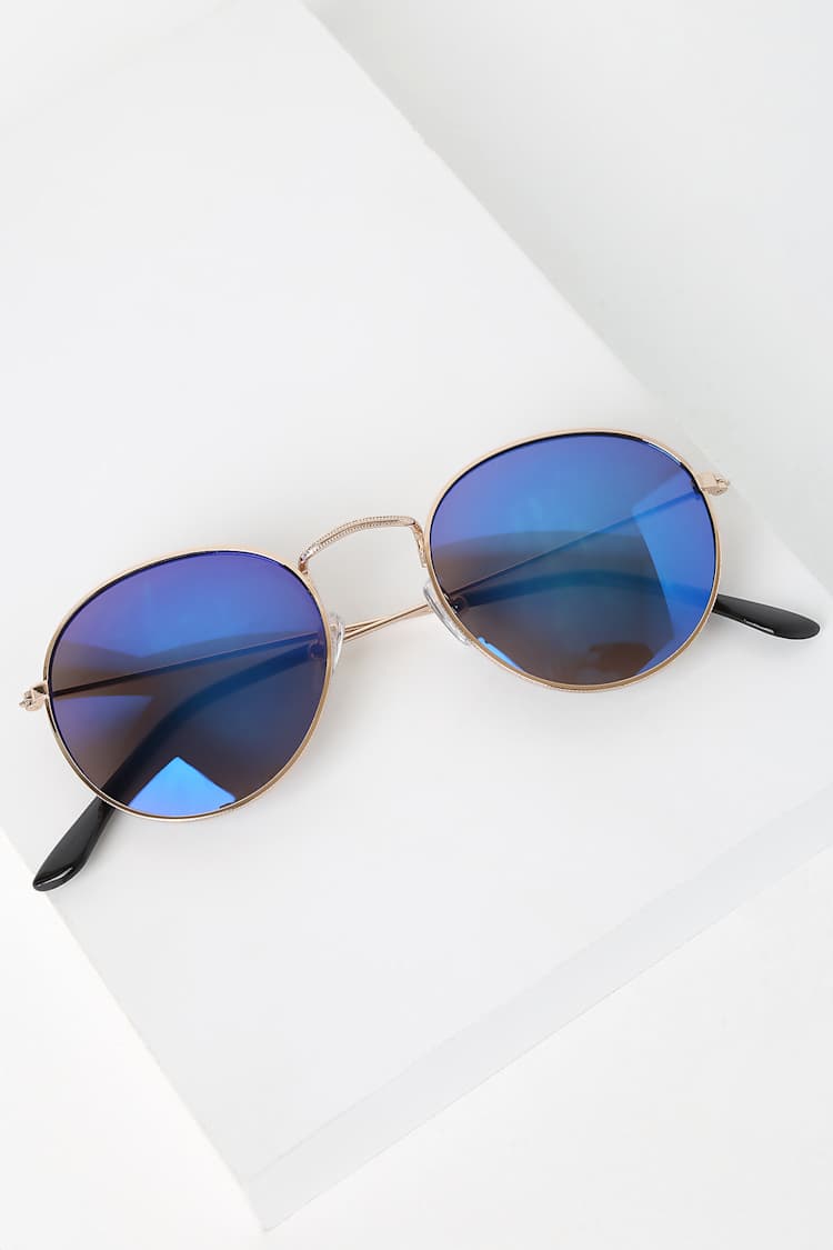 Gold and Blue Sunglasses - Mirrored Sunglasses - Round  display picture 2