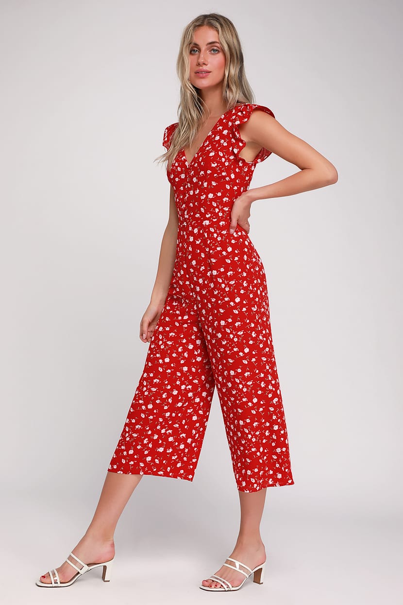 Cute Red Jumpsuit Floral Jumpsuit Floral Culotte Jumpsuit Lulus