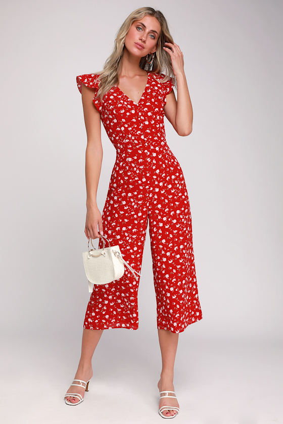 Floreal Love Red Floral Print Ruffled Culotte Jumpsuit 1