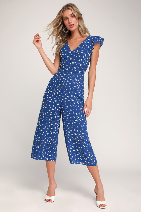 blue flowery jumpsuit