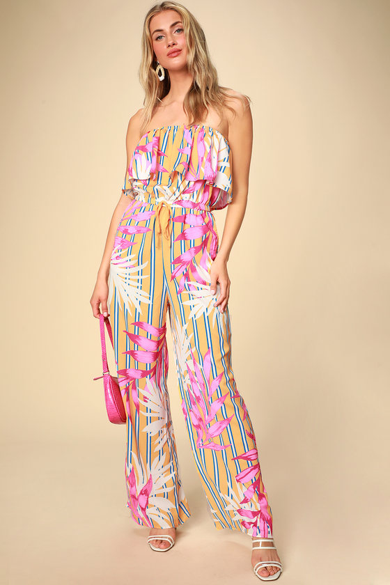 Tropical Print Jumpsuit - Strapless Jumpsuit - Yellow Jumpsuit - Lulus