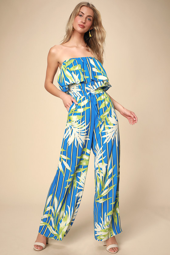 Tropical Print Jumpsuit - Strapless Jumpsuit - Blue Jumpsuit - Lulus