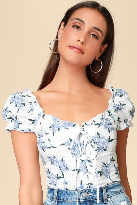 Lovely White Floral Print Top LaceUp Top Corset Top Lulus