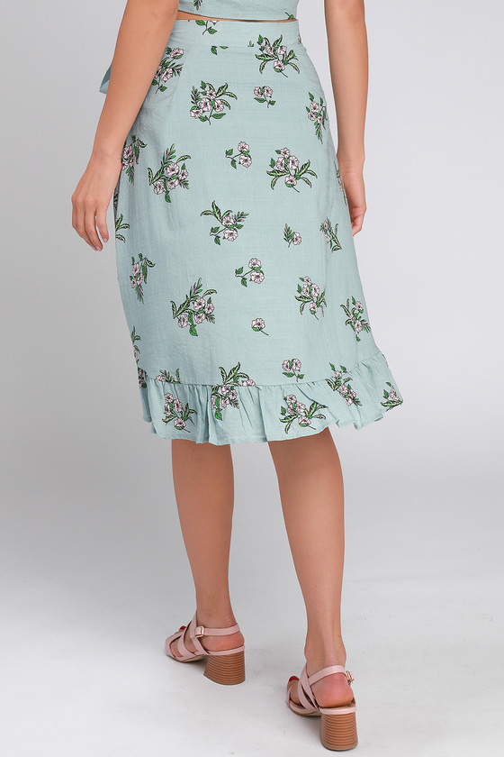 Cute Sage Blue Skirt - Floral Skirt - Floral Midi Skirt