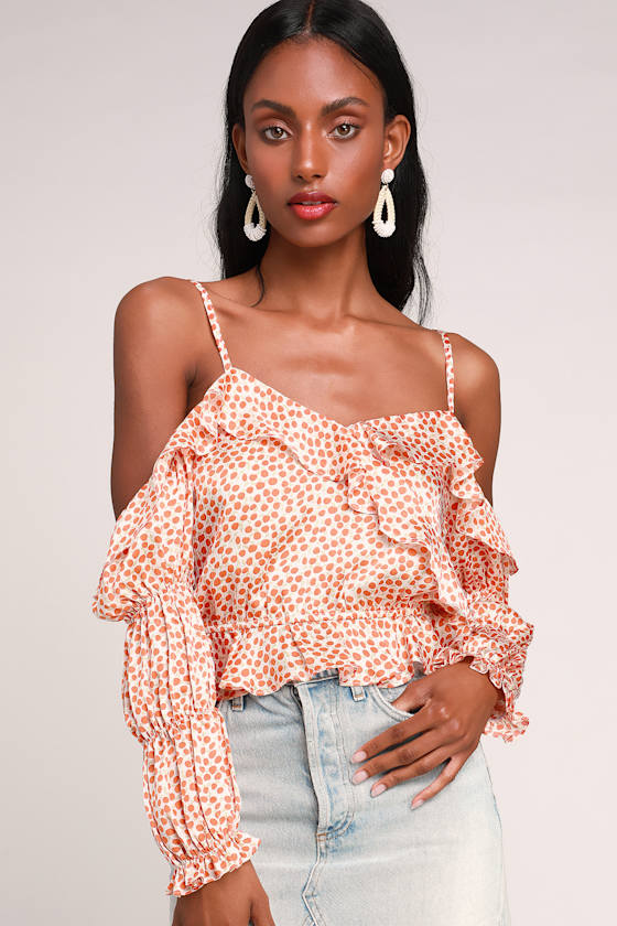 white ruffle cold shoulder top