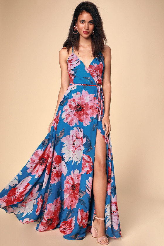 Lovely Blue Floral Print Dress - Maxi Dress - Wrap Dress - Lulus
