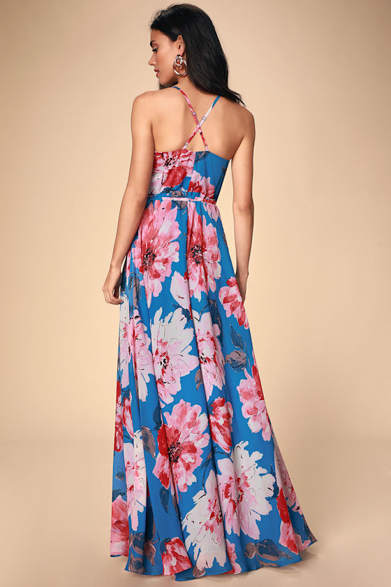 Always There For Me Blue Floral Print Wrap Maxi Dress 4