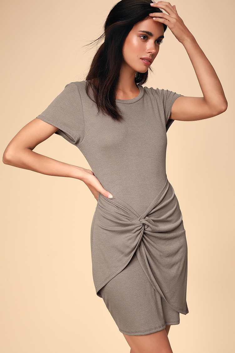 Cute Taupe Dress - Twist-Front Dress - Ribbed T-Shirt Dress - Lulus