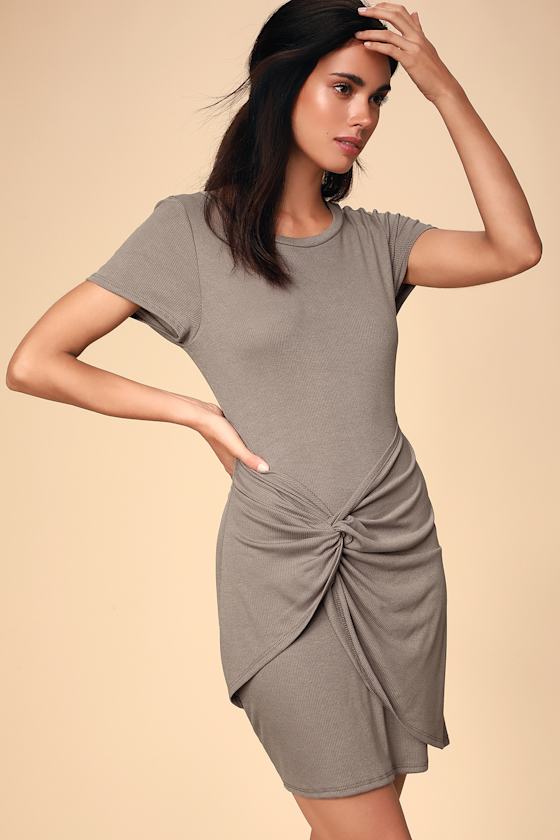 Lacan Taupe Ribbed Twist-Front T-Shirt Dress 6