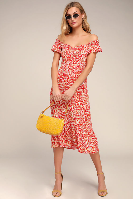 Pretty Red Floral Print Dress Flora Midi Dress OTS Midi Dress Lulus