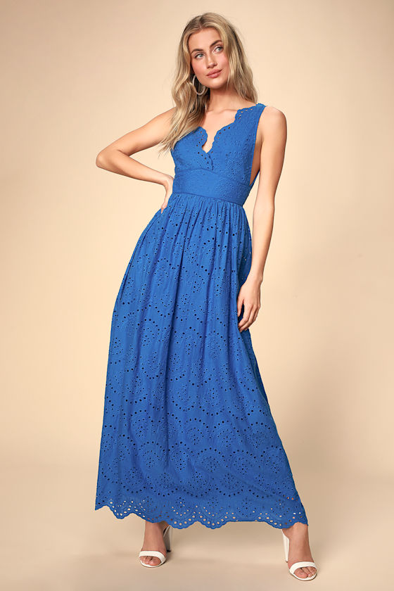 Splendid Cobalt Blue Eyelet Lace Maxi Dress 6