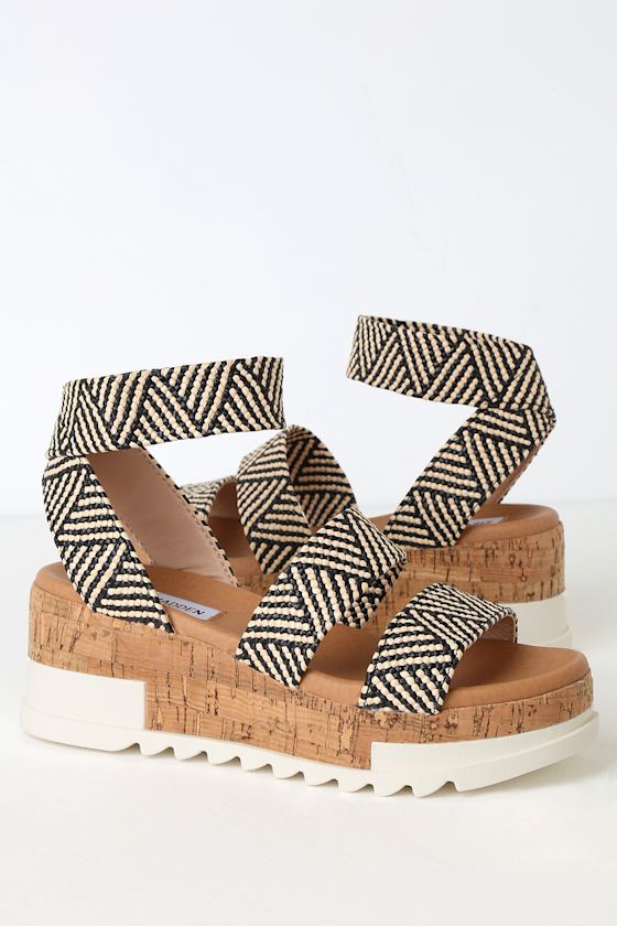 Steve Madden Bandi Black and Tan Sandals Cork Sole Sandals Lulus