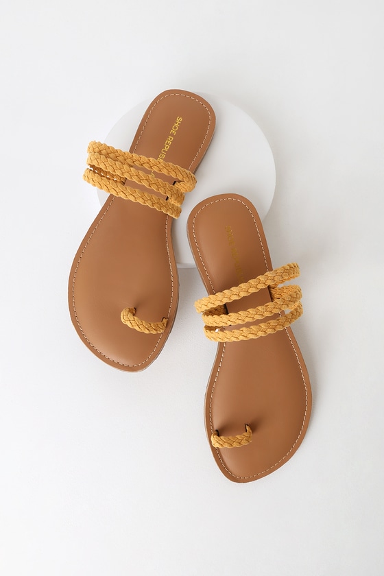 Chic Mustard Sandals - Flat Sandals - Vegan Suede Sandals