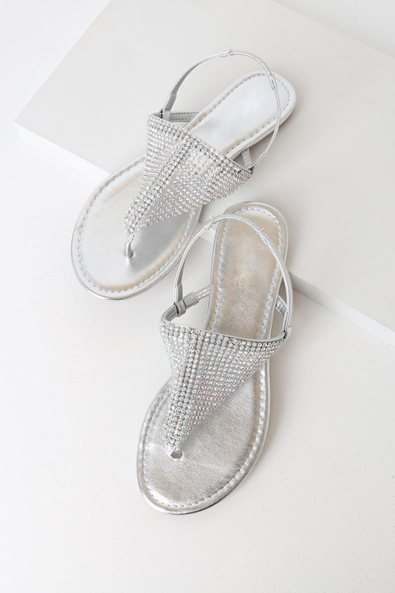 Clarissa Silver Rhinestone Flat Sandals 1