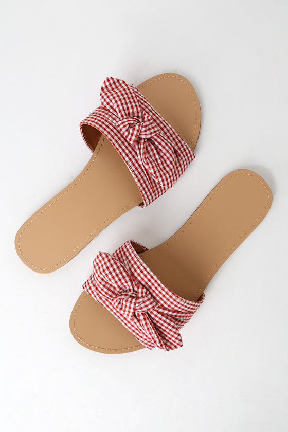 Jesika Red Gingham Print Slide Sandals 1