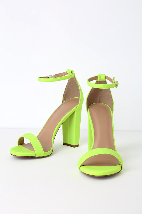 Loulie Neon Yellow Lycra Ankle Strap Heels 2