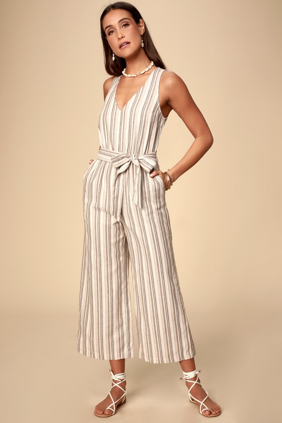 Cute Tan Multi Striped Jumpsuit - Culotte Jumpsuit - Jumpsuit - Lulus