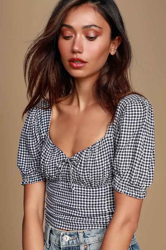 Cute Blue and White Gingham Top - Crop Top - Puff Sleeve Top - Lulus