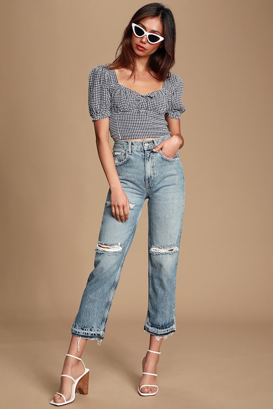 トップス SupremeBeadedAppliqueCardiganBright Blue Cute Blue and White Gingham Top - Crop Top - Puff Sleeve Top