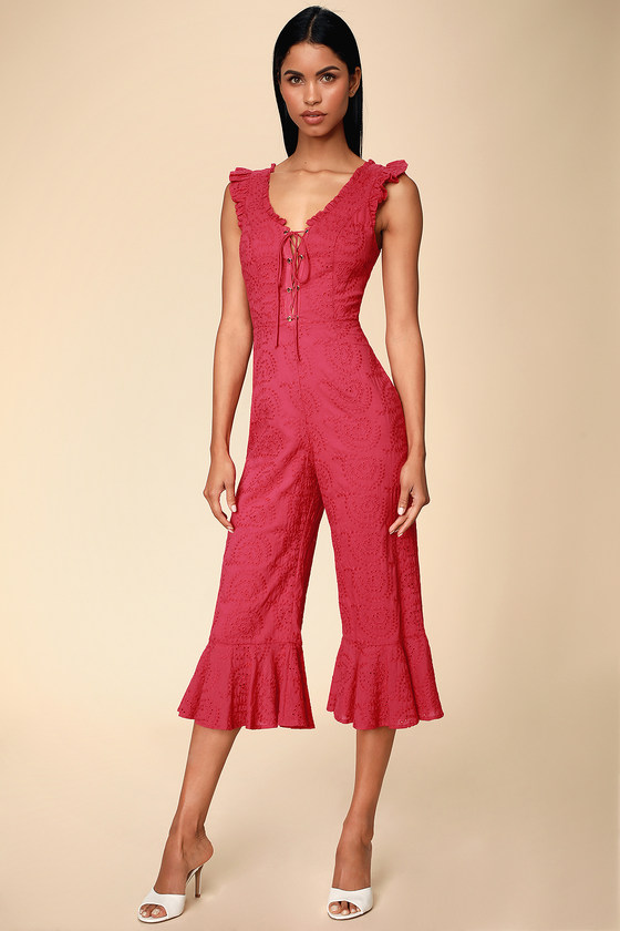Morning Glory Berry Red Lace-Up Eyelet Jumpsuit