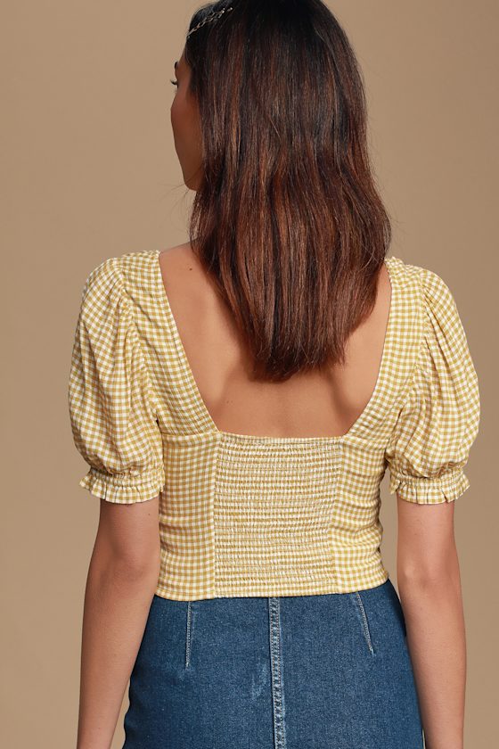 Cute Mustard Yellow Gingham Top Crop Top Puff Sleeve Top Lulus