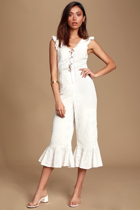 Morning Glory White Lace-Up Eyelet Jumpsuit