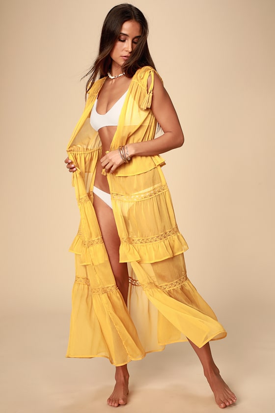 Sunshine Chaser Golden Yellow Lace Ruffled Chiffon Swim Cover-Up 1