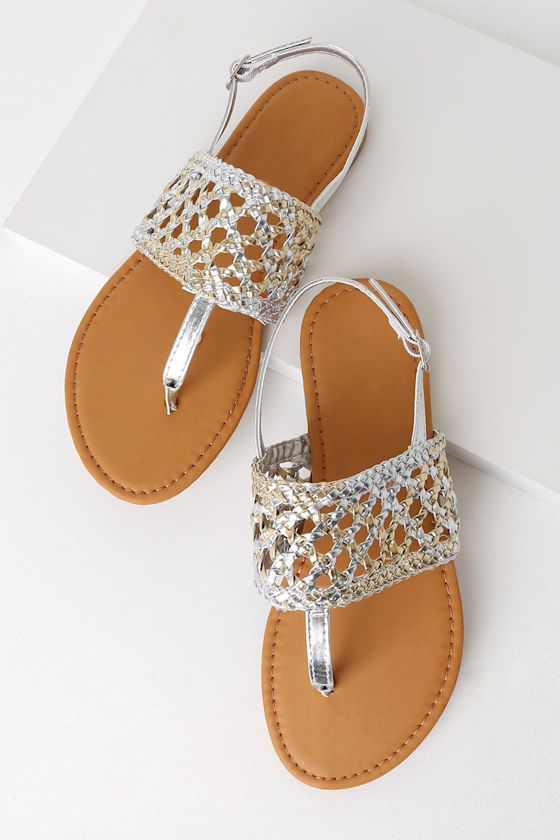 gold and silver flat sandals