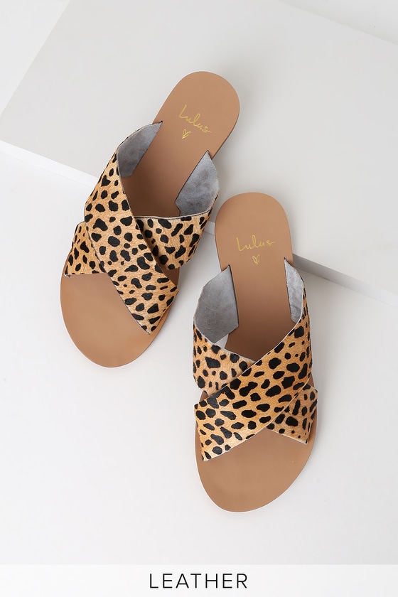 Cute Leopard Print Calf Hair Slides - Leather Sandals - Sandals