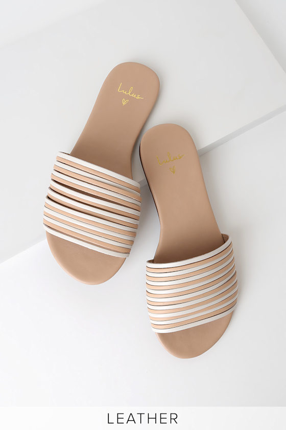 Tamber White and Natural Vachetta Leather Strappy Slide Sandals 1