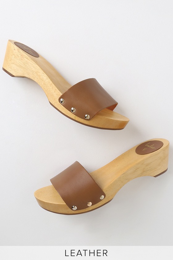 lulus willy cognac leather open toe clog sandals