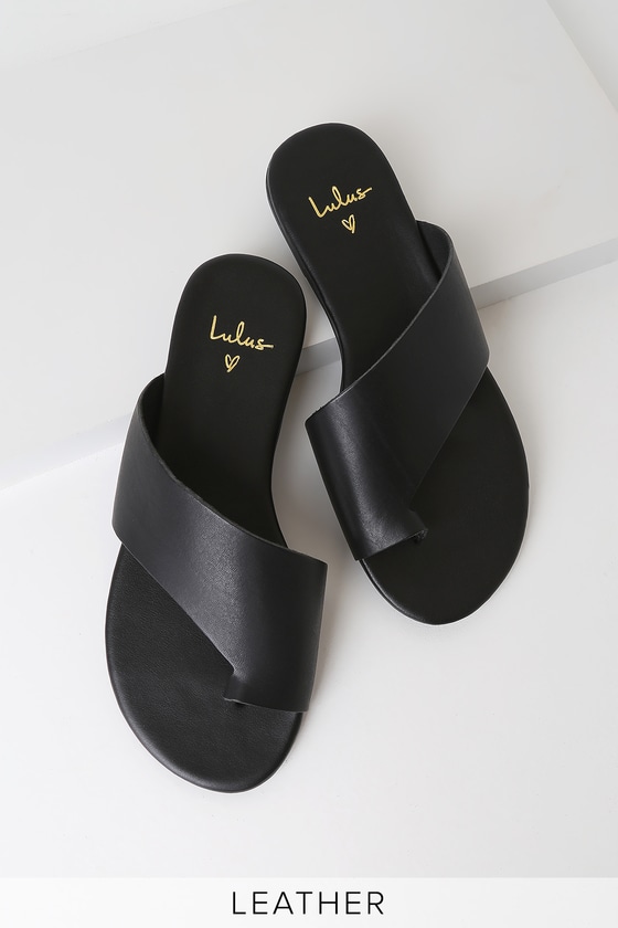 Cute Black Sandals - Slide Sandals - Black Leather Sandals