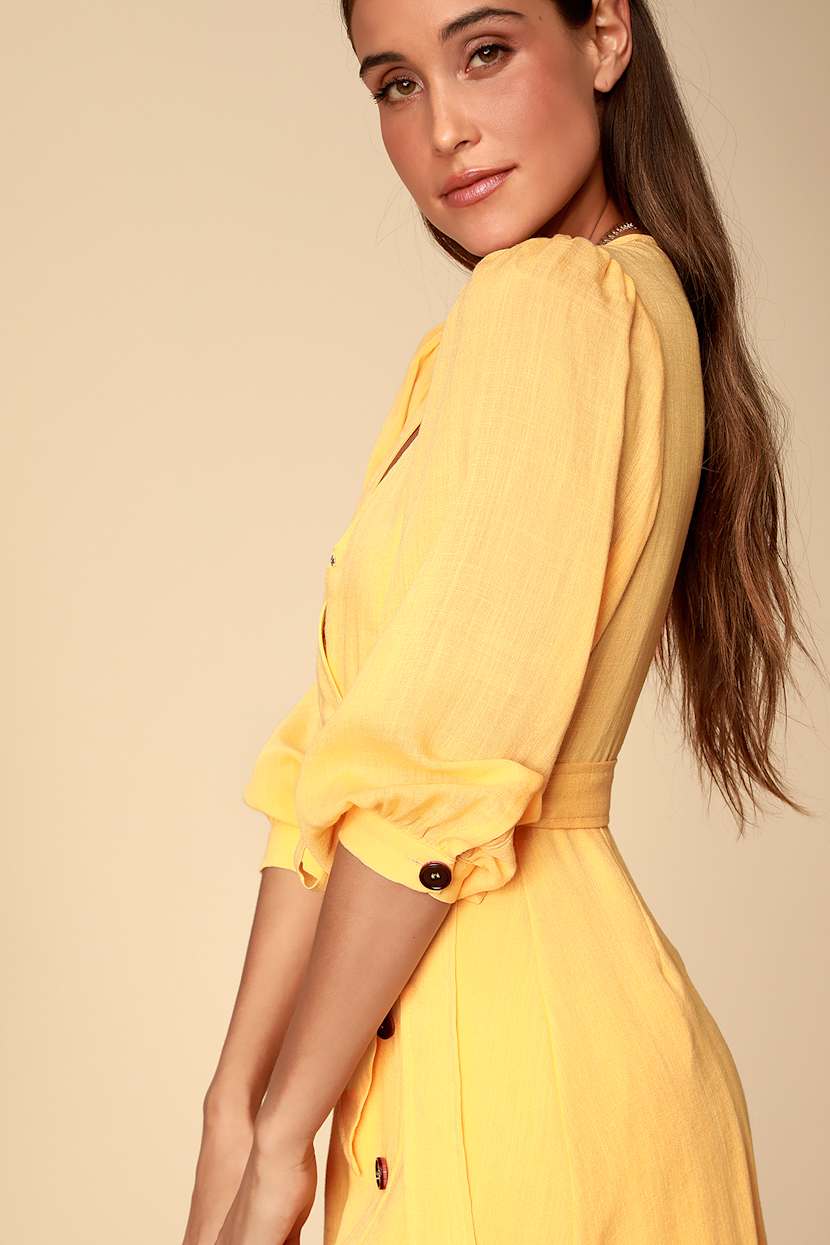 Cute Golden Yellow Dress - Balloon Sleeve Dress -Wrapping Dress - Lulus