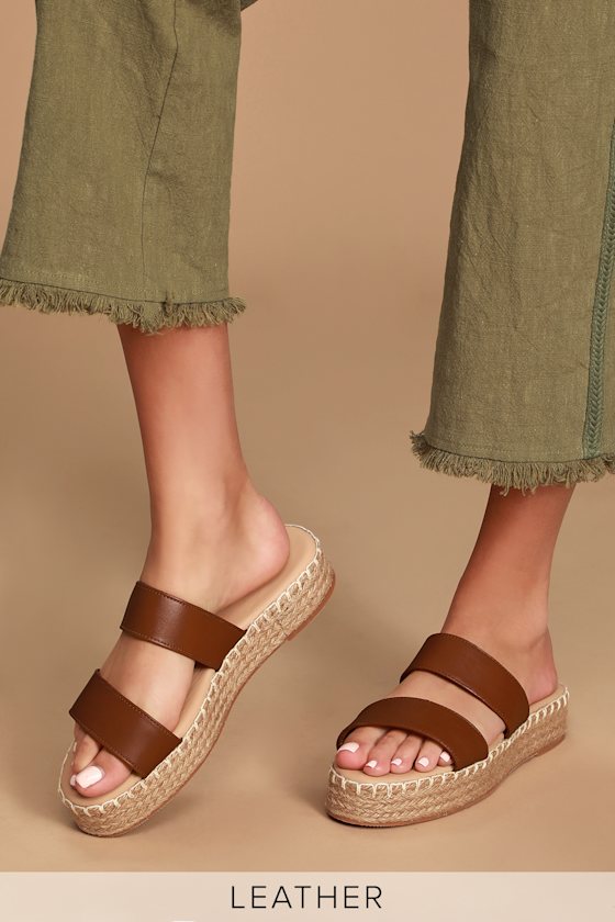 Taran Cognac Leather Flatform Espadrille Slides 1