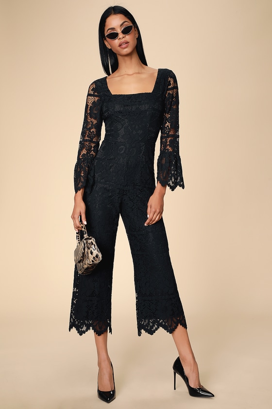 Amoureux Black Lace Flounce Sleeve Culotte Jumpsuit 2