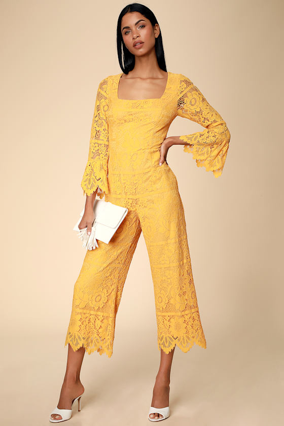 Fun Yellow Jumpsuit Lace Jumpsuit Flounce Sleeve Jumpsuit Lulus