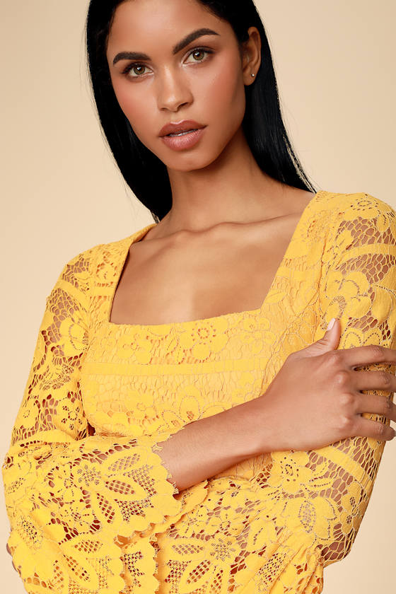 Amoureux Golden Yellow Lace Flounce Sleeve Culotte Jumpsuit 2