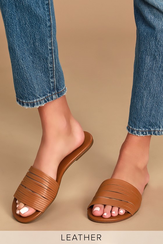 Tamber Cognac Vachetta Leather Strappy Slide Sandals