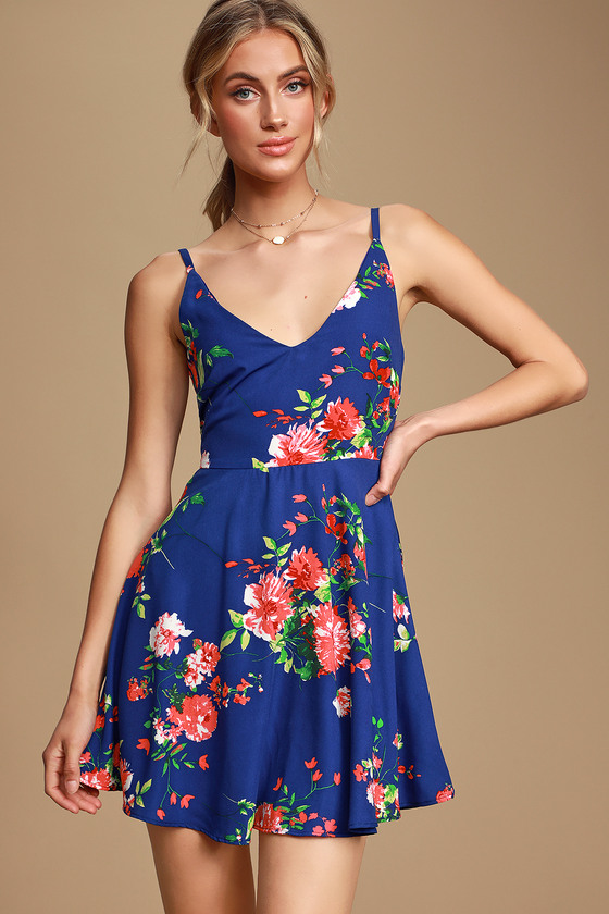 Pretty Blue Floral Print Dress - Skater Dress - Blue Short Dress - Lulus