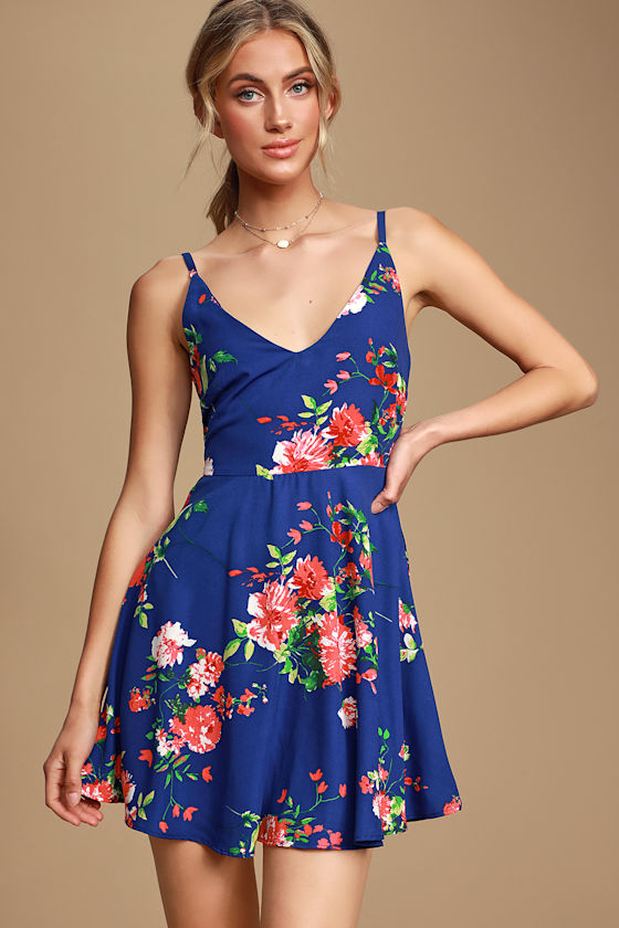 Bridge to Love Cobalt Blue Floral Print Skater Dress 2